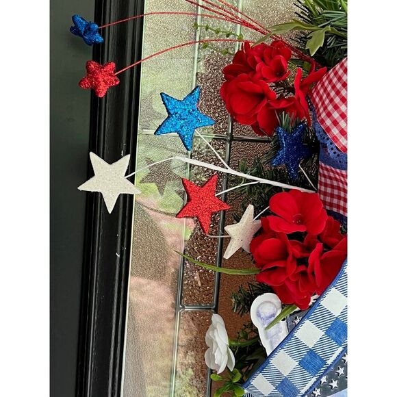 Patriotic Swag Wreath For Front Door, Red White and Blue With USA Flag Sign - Picture 6 of 6